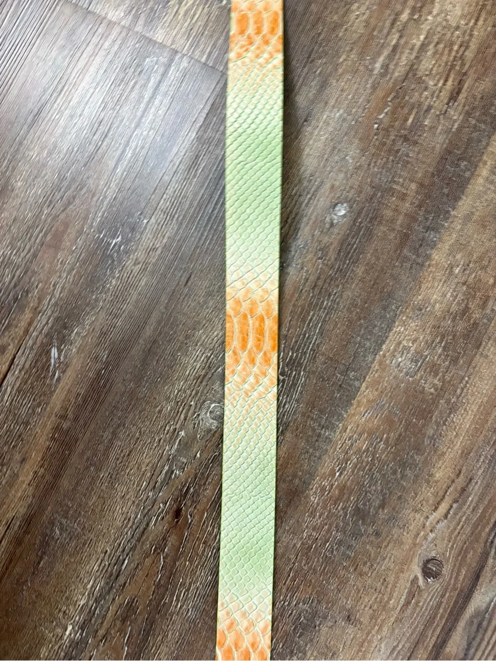 Vintage Orange Green Snake Effect Print Genuine Leather Belt Metal Gold Buckle